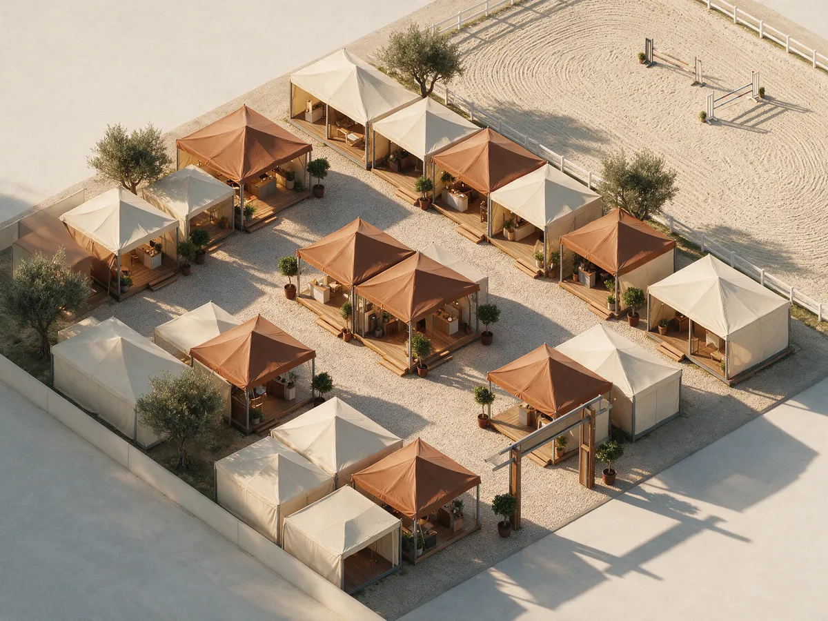 Exhibitor village seen from above, every stand marked booked or available with its price